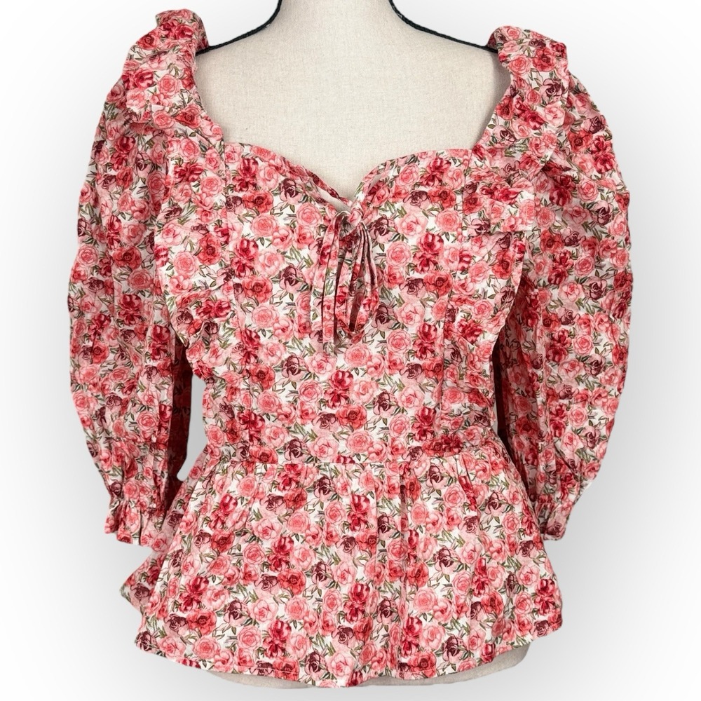 Easel Floral Puff Sleeve‎ Square Neck Peplum Top Women Small Garden Cottage